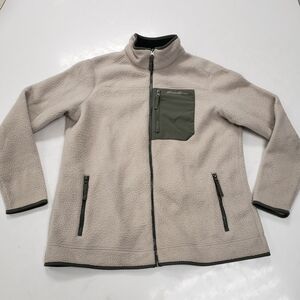 Eddie Bauer Men's Light Tan Fleece Jacket with Olive Accents